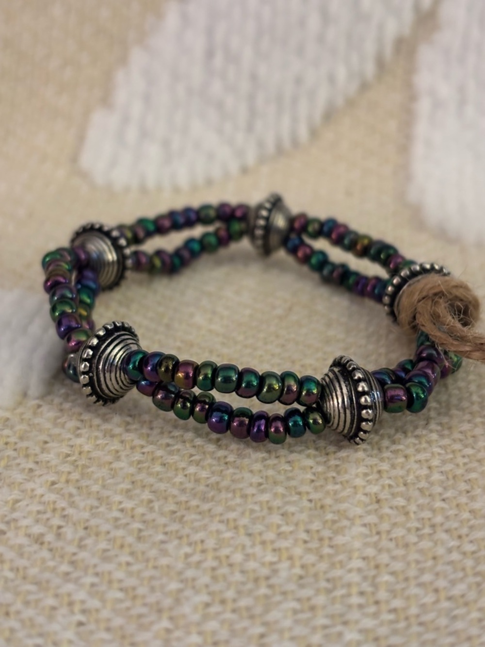 Iridescent Multi-Color Beaded Stretch Bracelet with Silver Accent